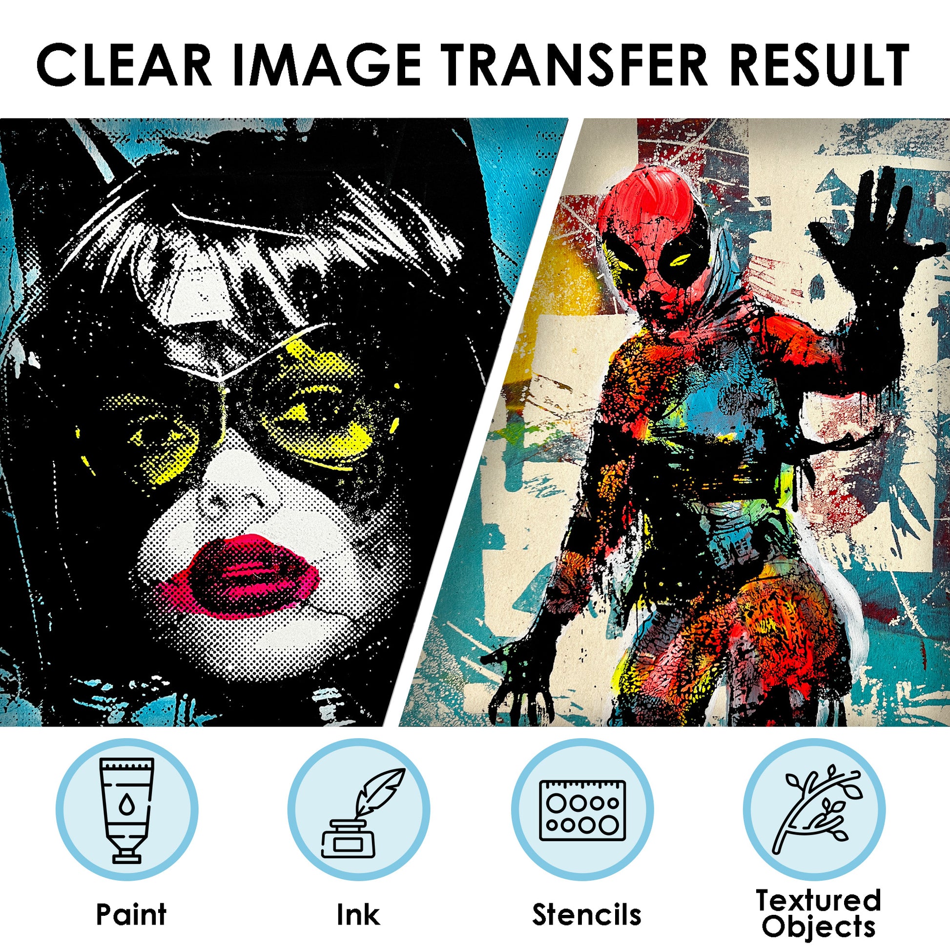 Gelelf gel plate product feature page showing the clear transfer result from artist's monoprinting artworks. Shows that the gel plate is compatible with paint, ink, stencils, and textured objects.