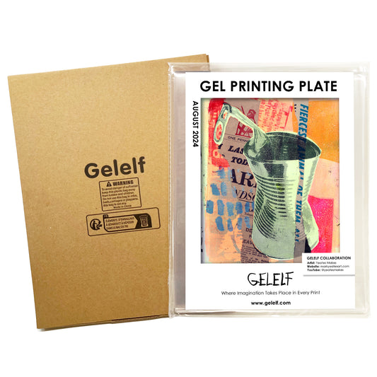 Gel Plate inside it's packaging with gel plate artwork featured on cover. Shows the card board box packaging behind the gelli plate.