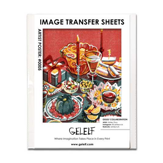 Product photo of a pack of Gelelf image transfer sheet with artist Ashley Zhou's artwork featured on the front page, used for transferring image using a gel plate.